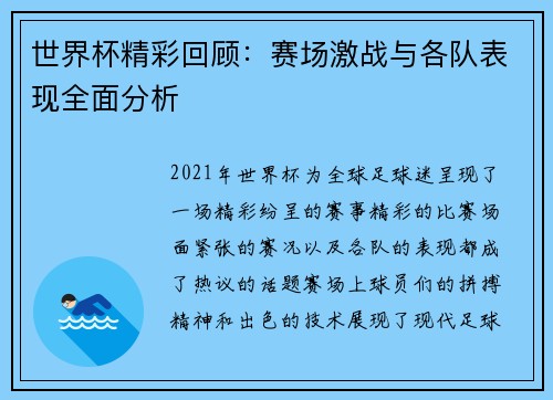 世界杯精彩回顾：赛场激战与各队表现全面分析